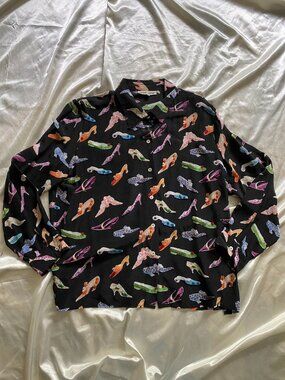 Vintage 90s 100% Silk High Heel Print Beaded Button Up Blouse Novelty Unique XL